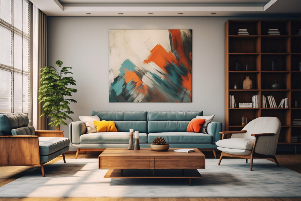 Modern living room with teal sofa, wooden furniture, abstract wall art, and bookshelf decor