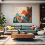 Modern living room with teal sofa, wooden furniture, abstract wall art, and bookshelf decor